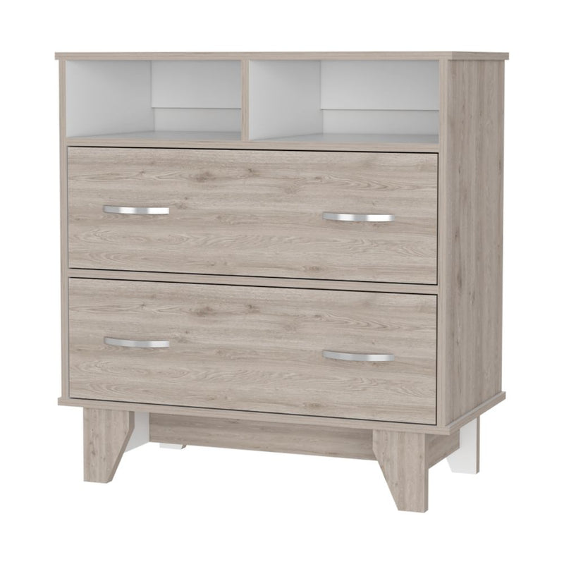 Double Drawer Dresser Arabi, Two Shelves, Light Gray / White Finish-3