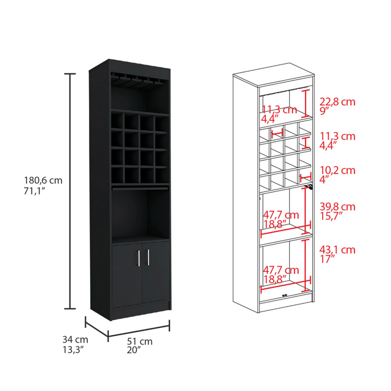 Bar Cabinet Atanasio, Rack, 16 Wine Cubbies, Black Wengue Finish-8