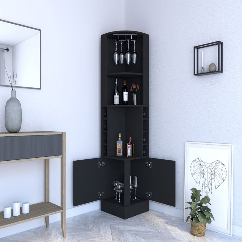 Corner Bar Cabinet Atanasio, 8 Wine Cubbies, Double Door, Black Wengue Finish-1