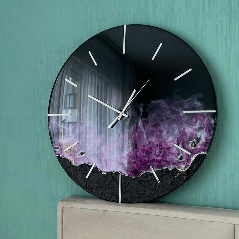 Black and Purple Abstract Epoxy Resin Wall Clock For Home Decor-1