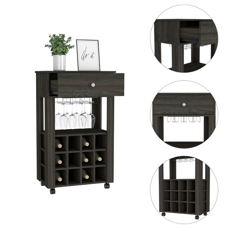 Bar Cart Bayamon, Twelve Wine Cubbies, Four Legs, Carbon Espresso Finish-6