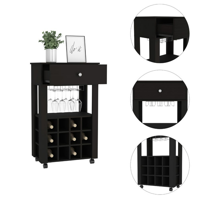 Bar Cart Bayamon, Twelve Wine Cubbies, Four Legs, Black Wengue Finish-6