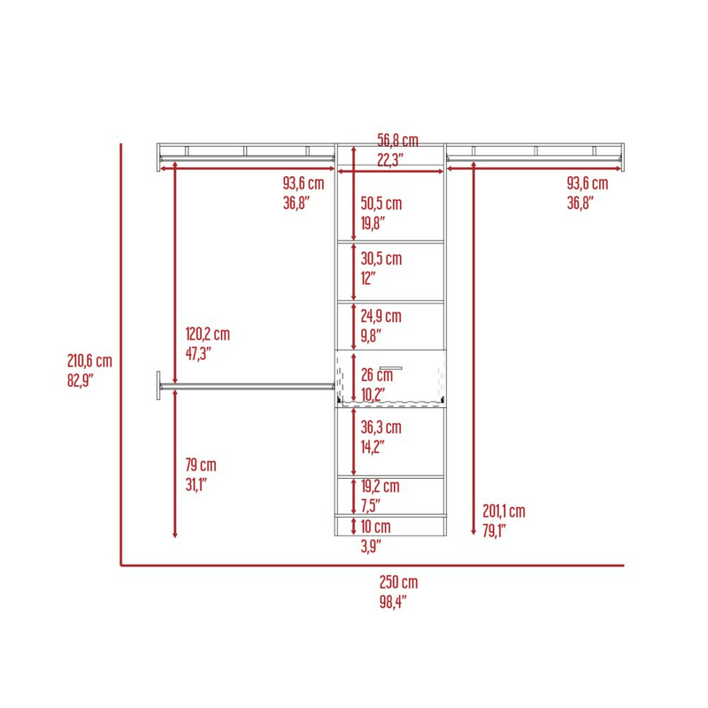 250 Closet System British, One Drawer, Three Metal Rods, Black Wengue Finish-6