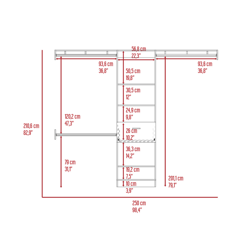 250 Closet System British, One Drawer, Three Metal Rods, Dark Walnut Finish-4