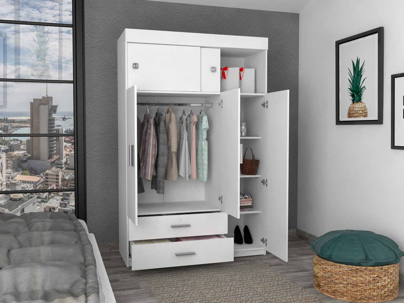 Armoire Chaplin, Rod, Three Door Cabinet, Two Drawers, White Finish-1