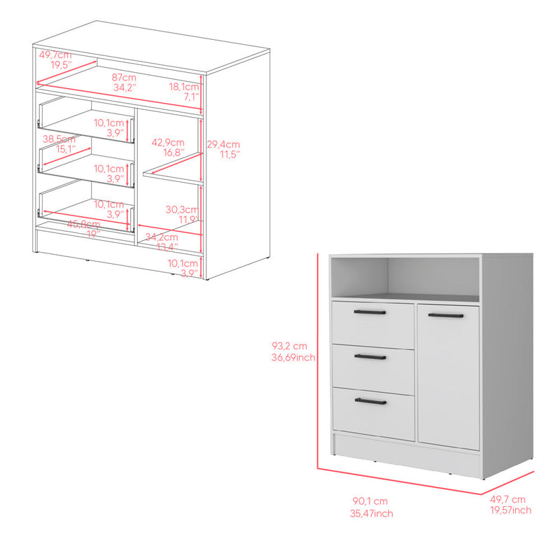 Drawer Dresser Torrey, Integrated Cabinet Storage and 3-Drawers, White Finish-6