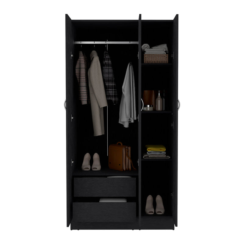 Wardrobe Erie, 4 Storage Shelves, 2 Drawers and 3 Doors, Black Wengue Finish-2