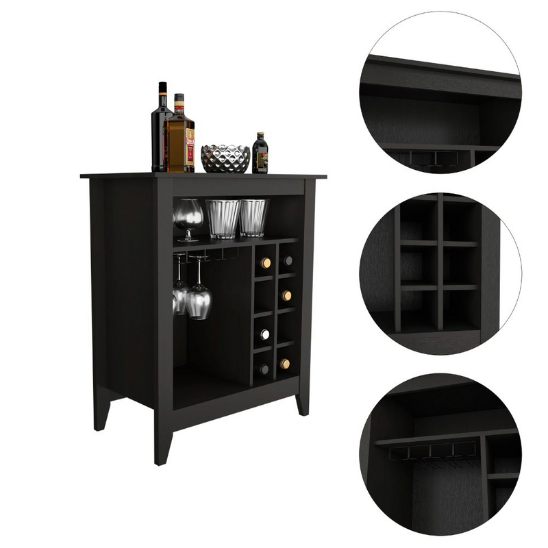 Bar Cabinet Castle, One Open Shelf, Six Wine Cubbies, Black Wengue Finish-1