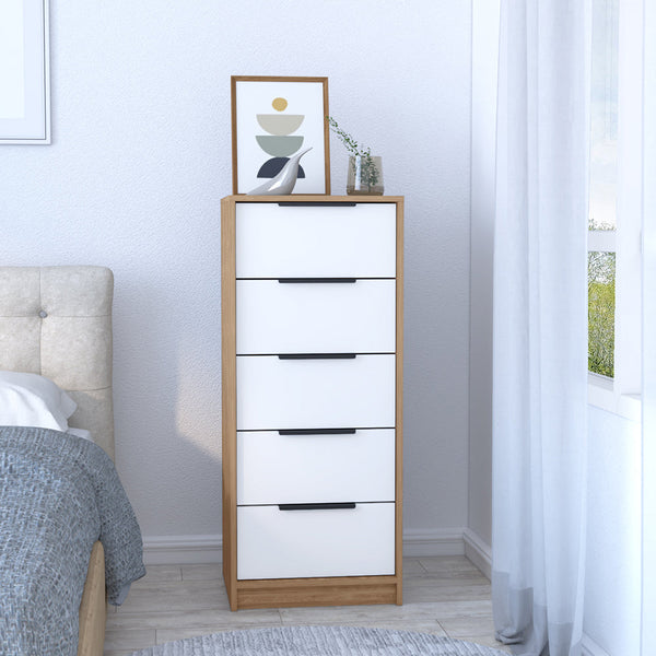 5 Drawers Dresser Maryland, Metal Handle, White / Pine Finish-0