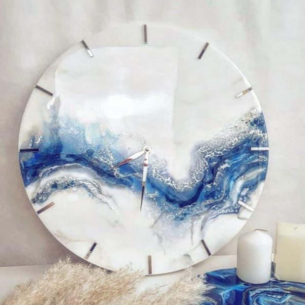 White and Blue Abstract Epoxy Resin Wall Clock For Home Decor-0