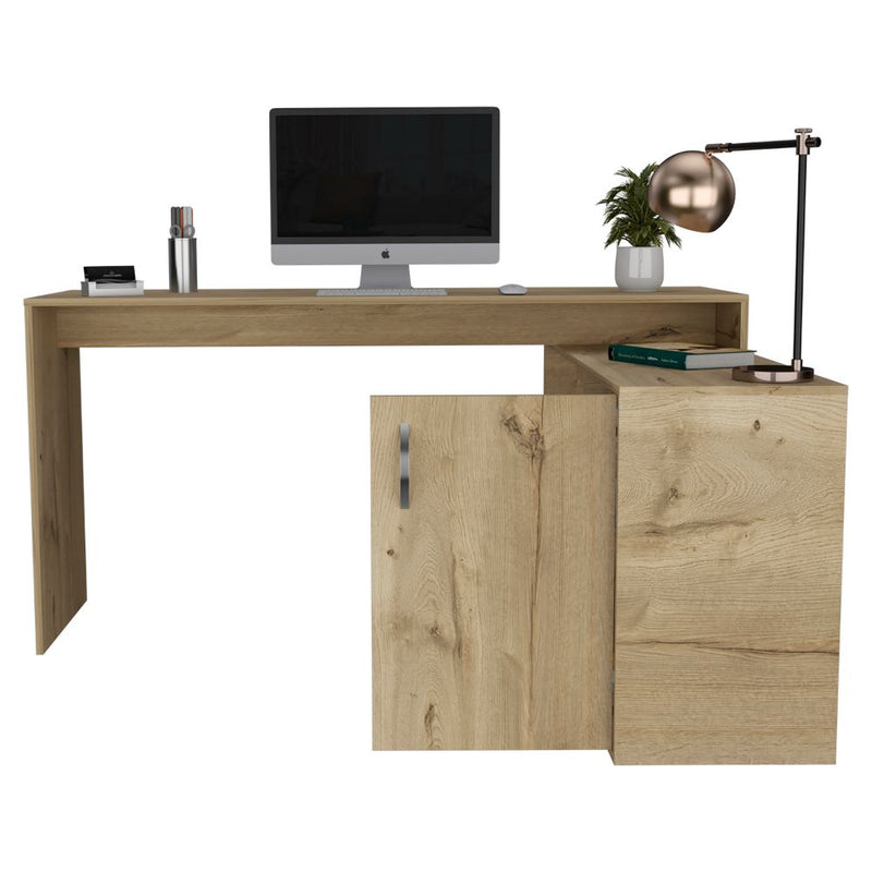 L-Shaped Desk Desti, Single Door Cabinet, Light Oak Finish-2