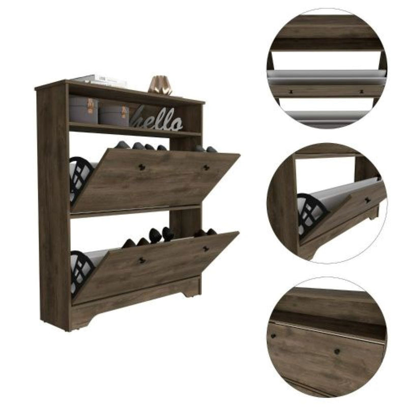 Shoe Rack Dublin, One Open Shelf, Two Extendable Cabinets, Dark Brown Finish-6