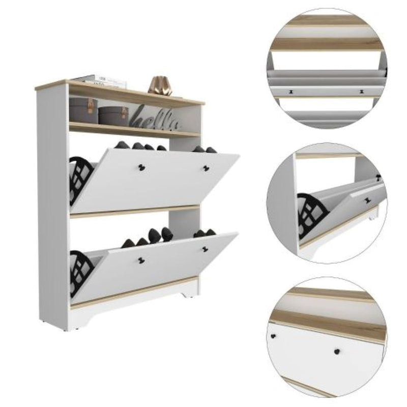 Shoe Rack Dublin, One Open Shelf, Two Extendable Cabinets, Light Oak / White Finish-6