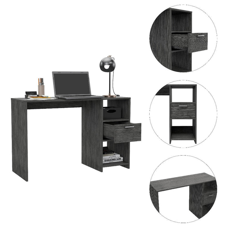 Computer Desk Odessa with Single Drawer and Open Storage Cabinets, Smokey Oak Finish-2