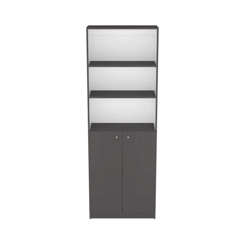 Bookcase Dual-Door Benzoni, Tier-Shelf in Modern Design, Matt Gray / White Finish-5