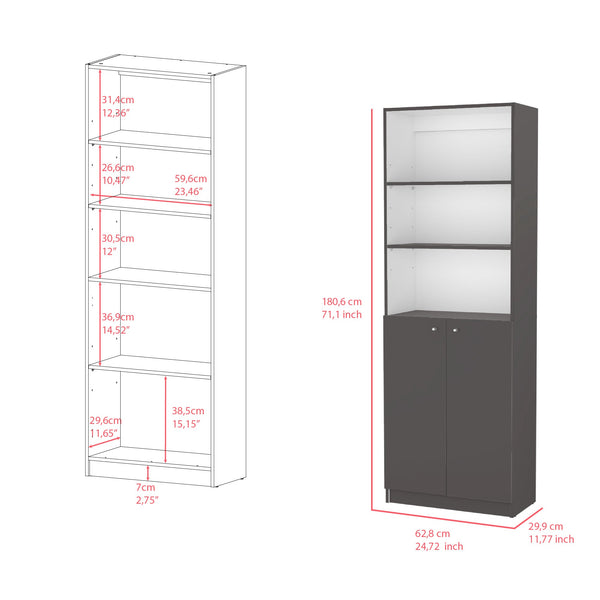 Bookcase Dual-Door Benzoni, Tier-Shelf in Modern Design, Matt Gray / White Finish-0