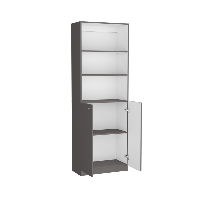 Bookcase Dual-Door Benzoni, Tier-Shelf in Modern Design, Matt Gray / White Finish-1