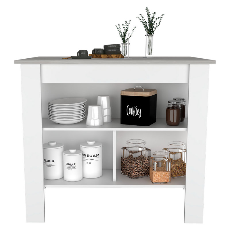 Kitchen Island Dozza, Three Shelves, White / Ibiza Marble Finish-1