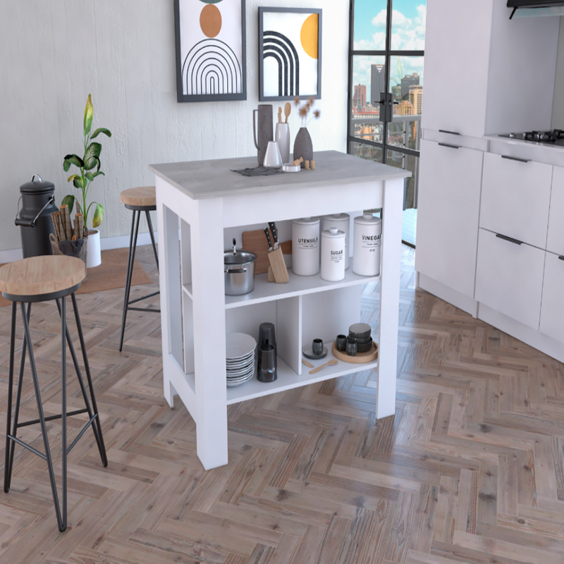 Kitchen Island Dozza, Three Shelves, White / Ibiza Marble Finish-0