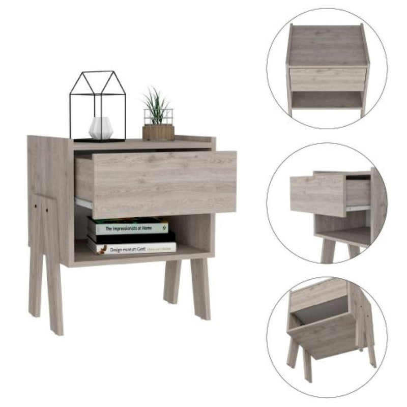 Nightstand Ferku, Open Shelf, One Drawer, Light Gray Finish-6