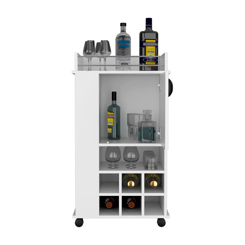 Bar Cart with Casters Reese, Six Wine Cubbies and Single Door, White Finish-4