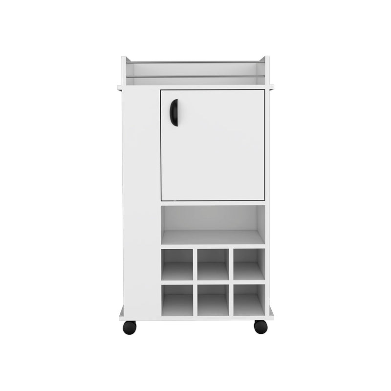 Bar Cart with Casters Reese, Six Wine Cubbies and Single Door, White Finish-2