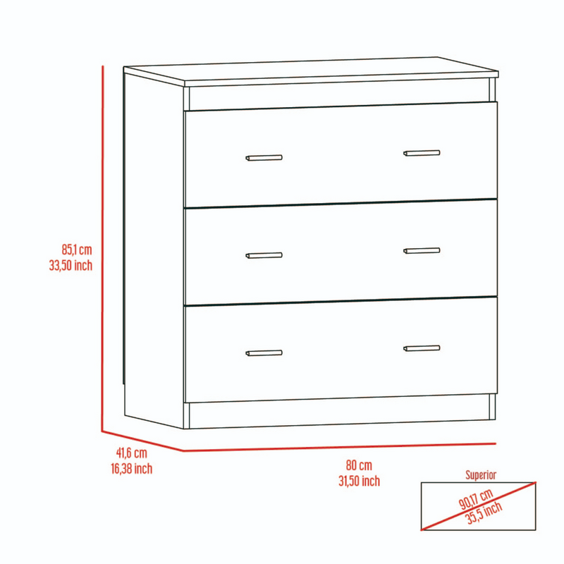 Three Drawer Dresser Whysk, Superior Top, Handles, White Finish-3