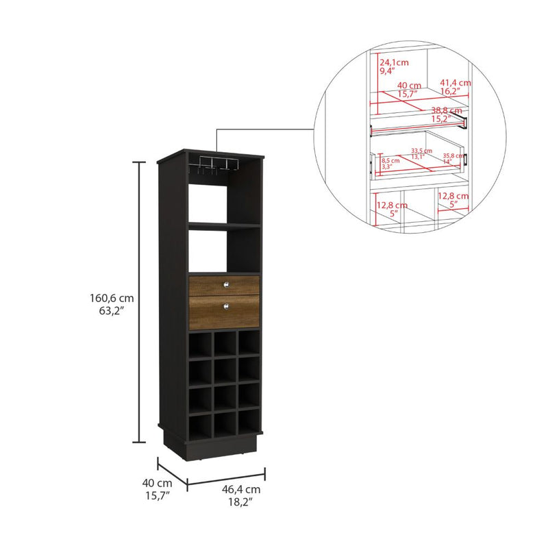 Bar Cabinet Bureck, Two Drawers, Twelve Wine Cubbies, Black Wengue / Walnut Finish-8