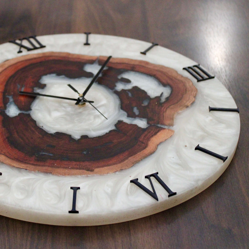 White and Wooden Abstract Epoxy Resin Wall Clock For Home Decor-1