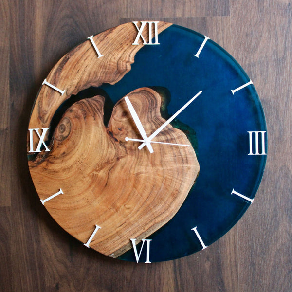 Dark Blue and Wooden Abstract Epoxy Resin Wall Clock For Home Decor-0