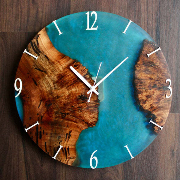 Blue and Wooden Abstract Epoxy Resin Wall Clock For Home Decor-0