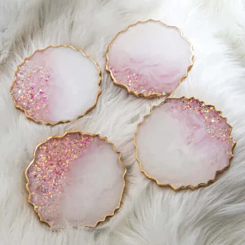 Pink Stones with Pearl White Glass and Glitter Resin Coasters ( Set of 4 )-0