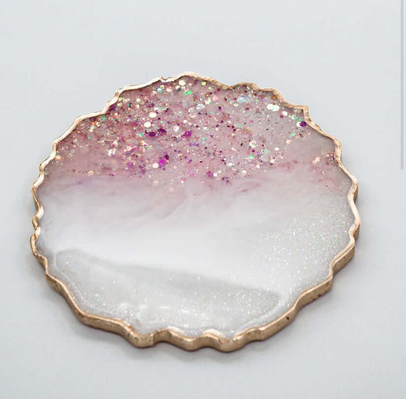 Pink Stones with Pearl White Glass and Glitter Resin Coasters ( Set of 4 )-1