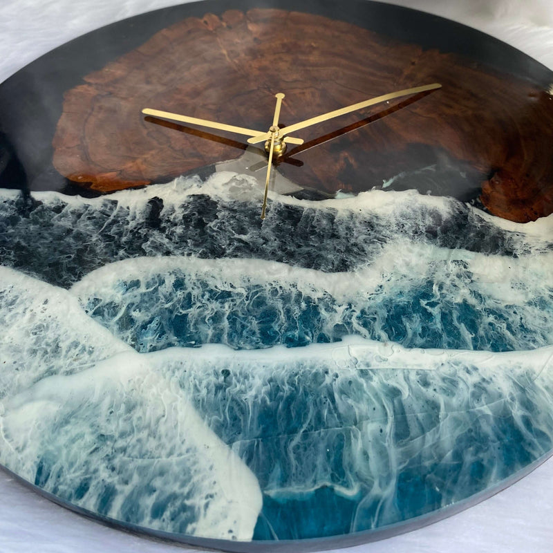 Black Ocean and Wooden Abstract Epoxy Resin Wall Clock For Home Decor-2