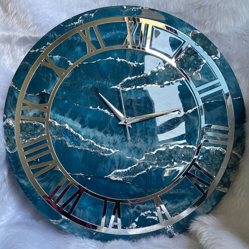 Teal Blue Geode Abstract Epoxy Resin Wall Clock For Home Decor-0