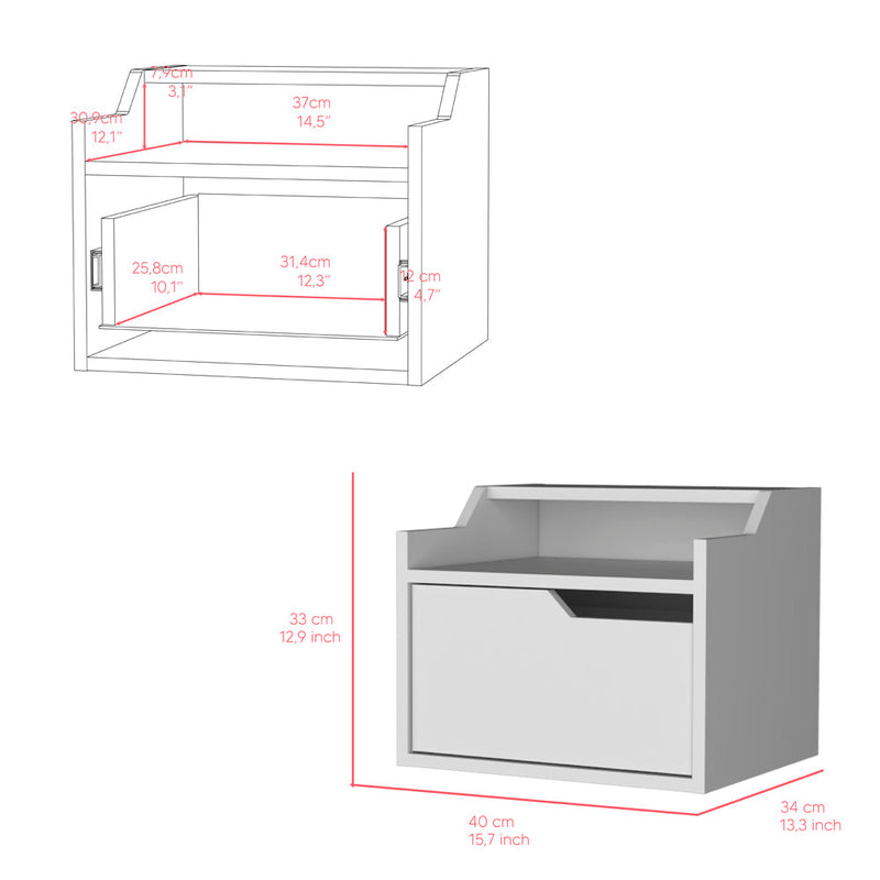 Floating Nightstand Chester, Dual Top Surface with Built-in Drawer Storage, White Finish-6