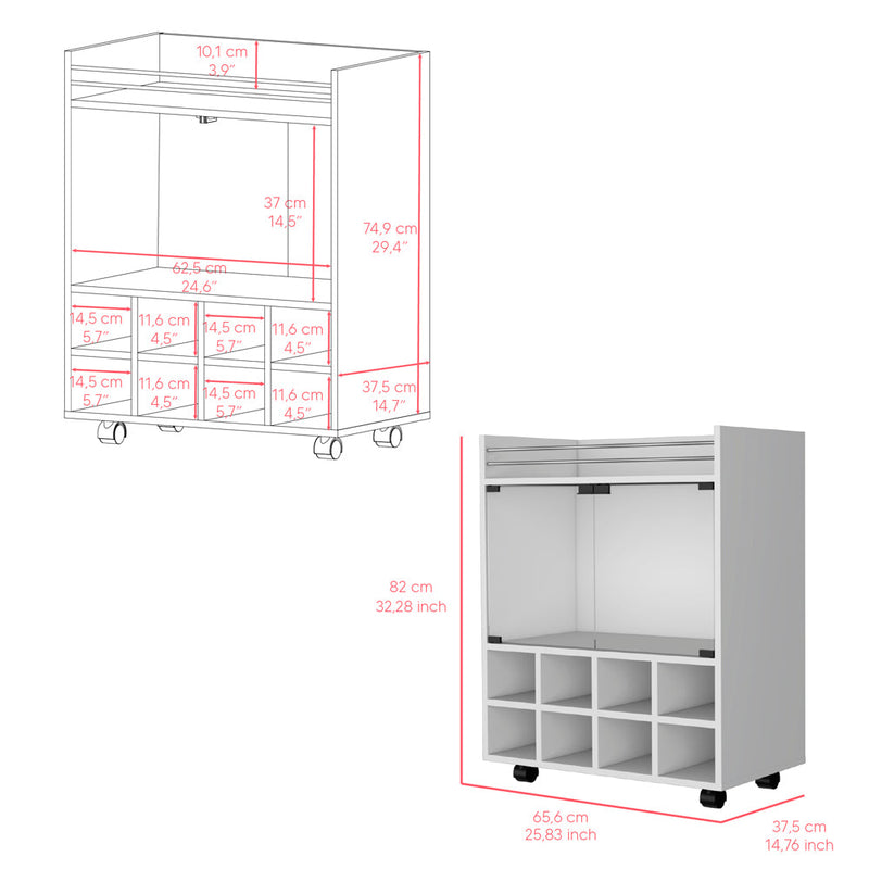 Bar Cart Philadelphia, Slot Bottle Rack, Double Glass Door Showcase and Aluminum-Edged Top, White Finish-2