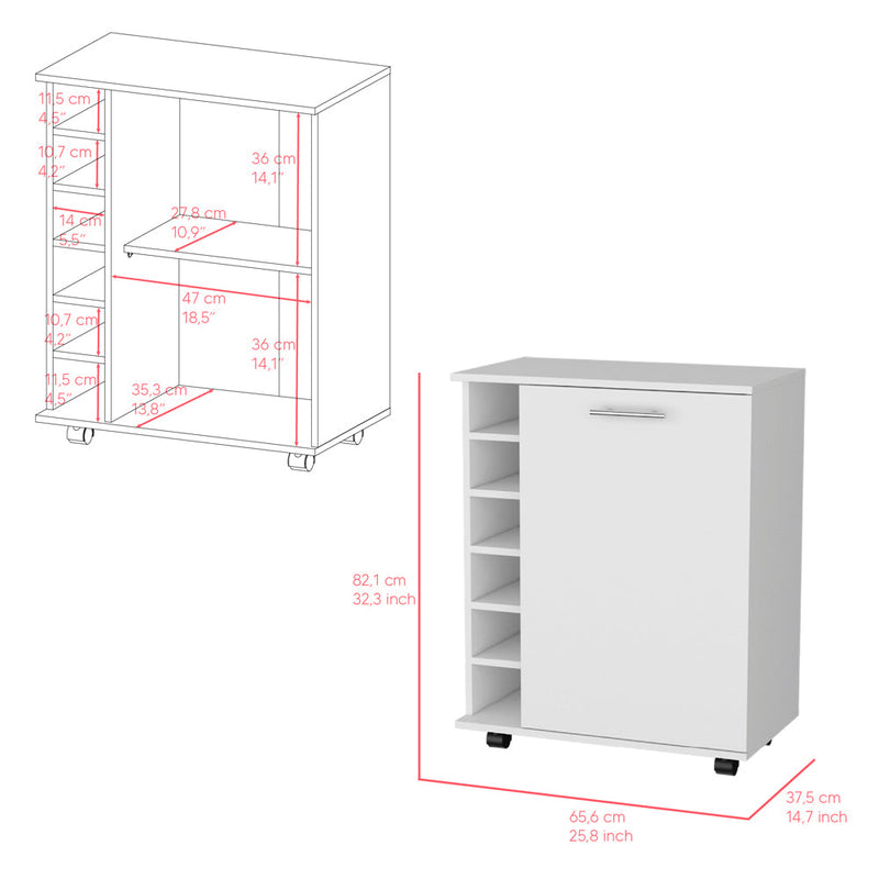 Bar Cart Cisco, Integrated Bottle Storage, White Finish-5