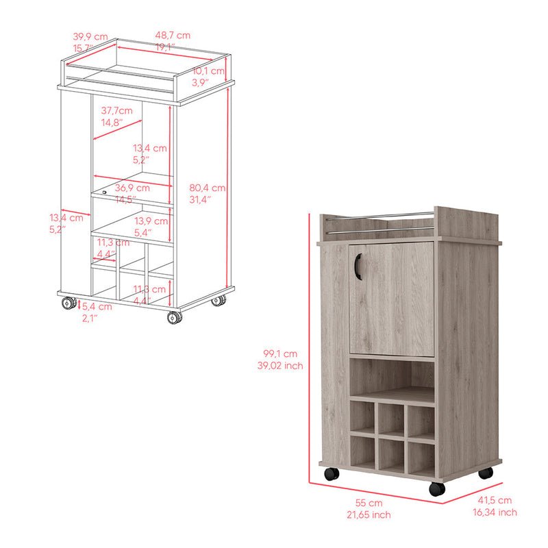 Bar Cart with Casters Reese, Six Wine Cubbies and Single Door, Light Gray Finish-6