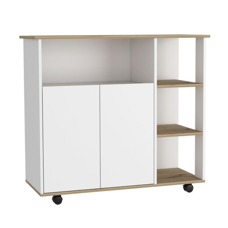 Kitchen Island Kamkacht, One Cabinet, Four Open Shelves, Light Oak / White Finish-4