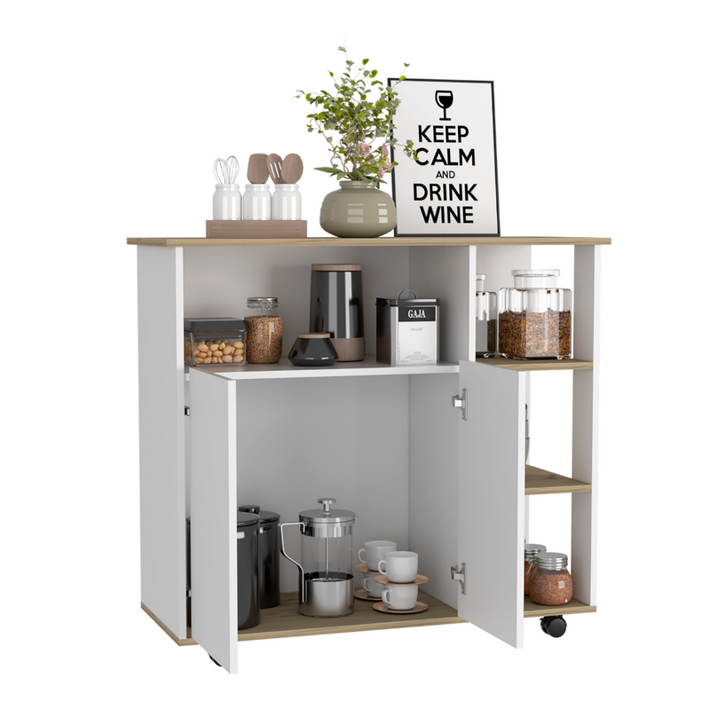 Kitchen Island Kamkacht, One Cabinet, Four Open Shelves, Light Oak / White Finish-5