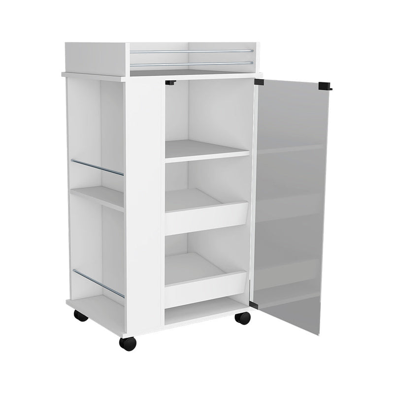 Bar Cart with Two-Side Shelves Beaver, Glass Door and Upper Surface, White Finish-5