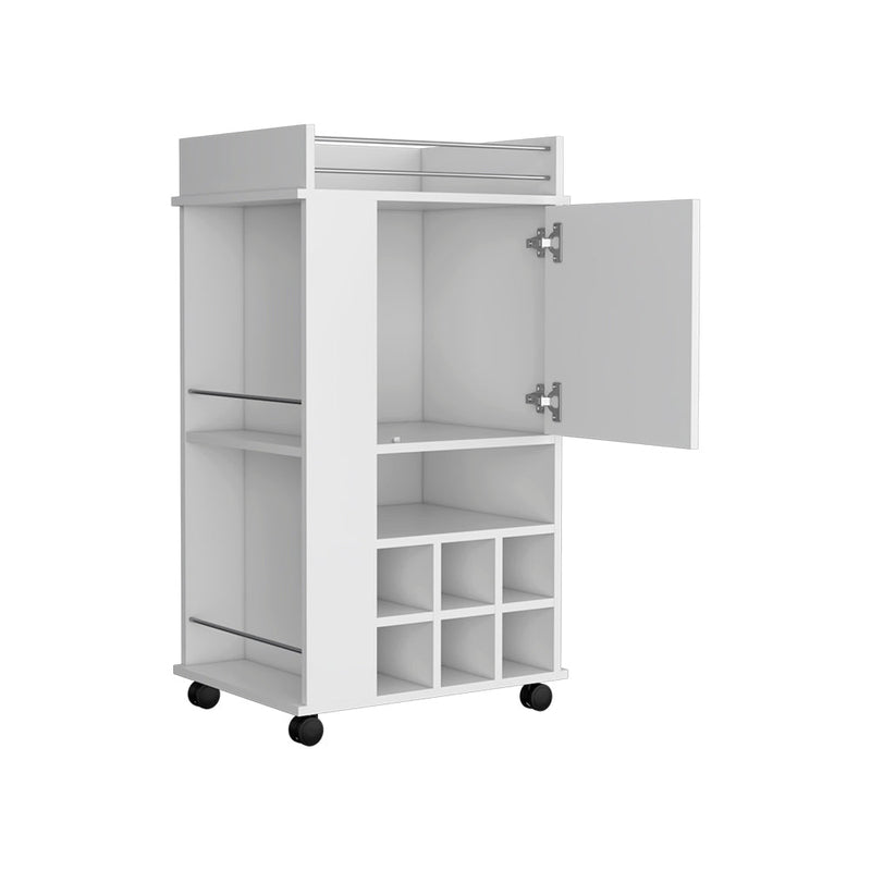 Bar Cart with Casters Reese, Six Wine Cubbies and Single Door, White Finish-5