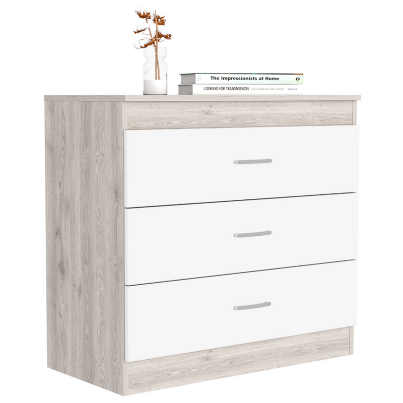 Three Drawer Dresser Lial, Superior Top, Metal Hardware, Light Gray / White Finish-2