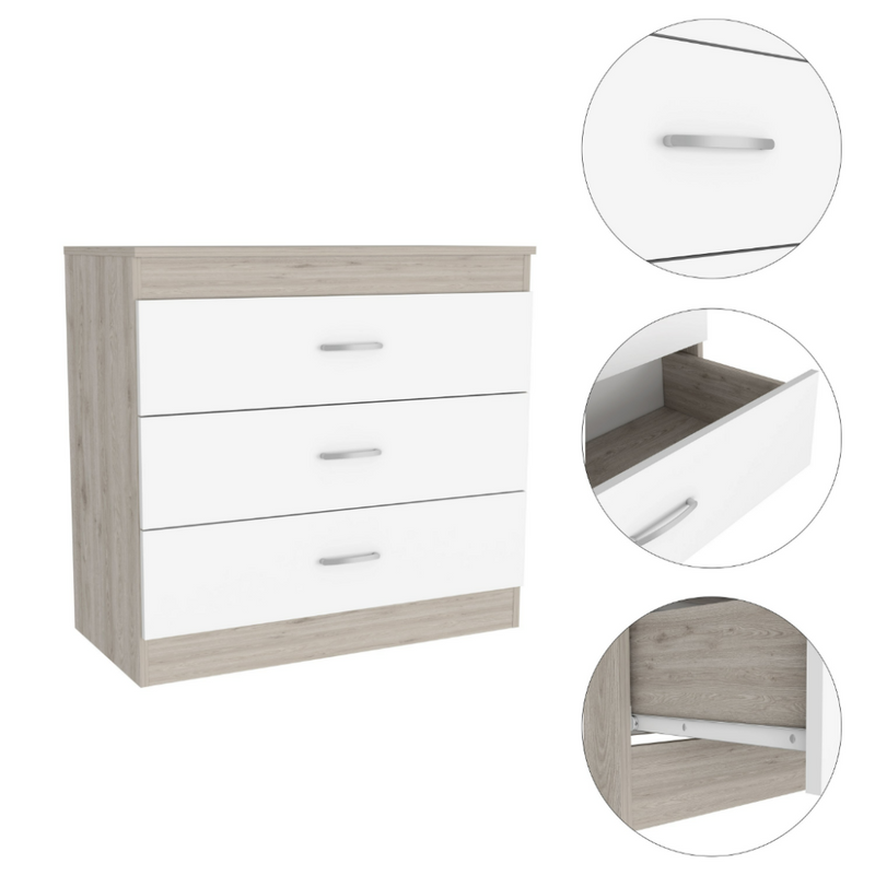 Three Drawer Dresser Lial, Superior Top, Metal Hardware, Light Gray / White Finish-6