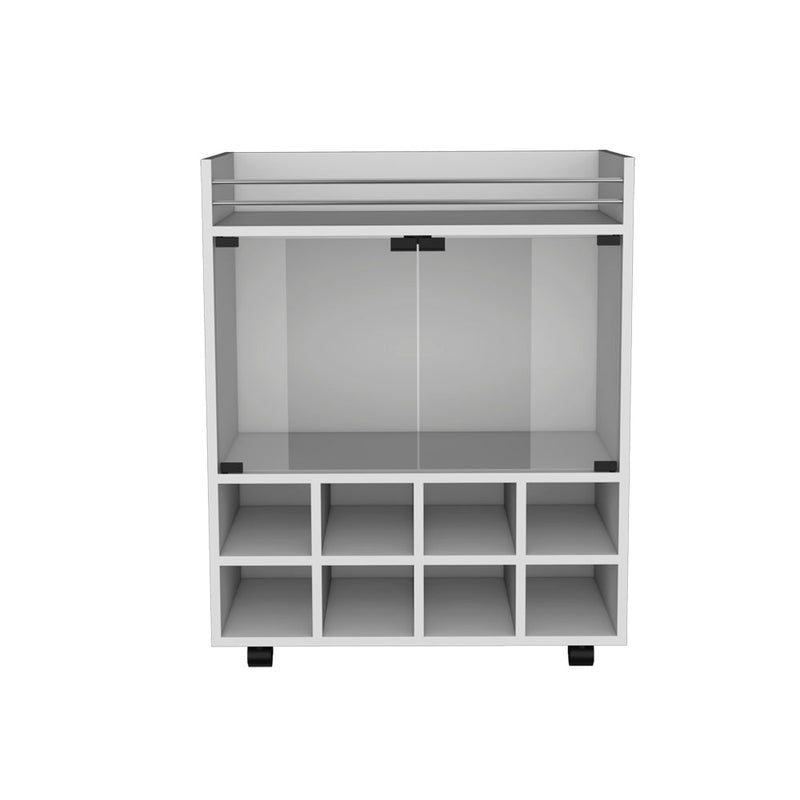 Bar Cart Philadelphia, Slot Bottle Rack, Double Glass Door Showcase and Aluminum-Edged Top, White Finish-6