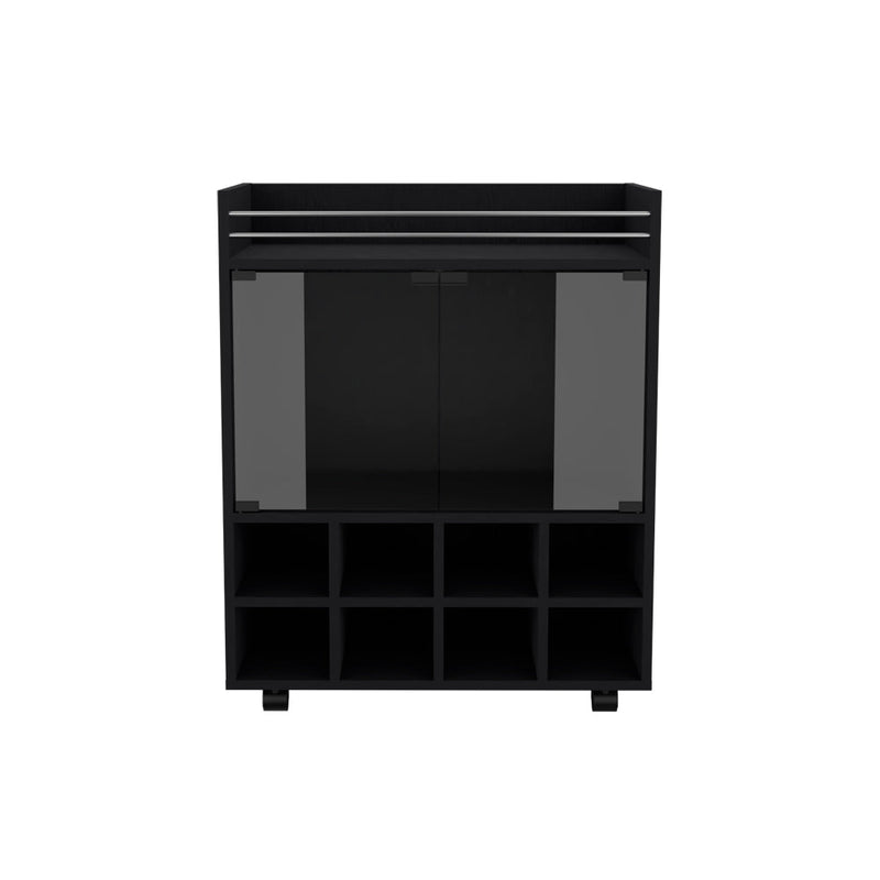 Bar Cart Philadelphia, Slot Bottle Rack, Double Glass Door Showcase and Aluminum-Edged Top, Black Wengue Finish-5