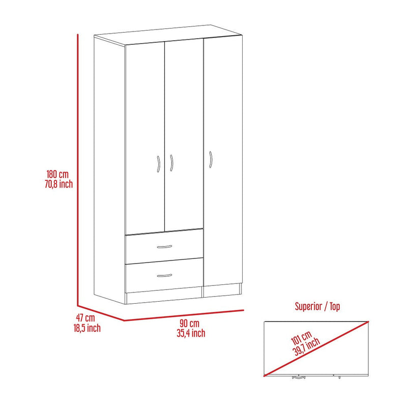 Three Door Armoire Clark, Metal Rod, White Finish-6