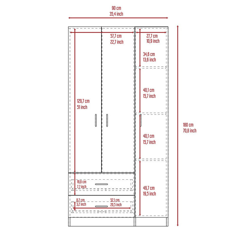 Three Door Armoire Clark, Metal Rod, White Finish-7