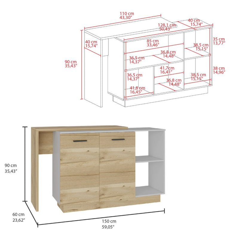 Kitchen Island Ohio, Double Door Cabinets, White / Light Oak Finish-6